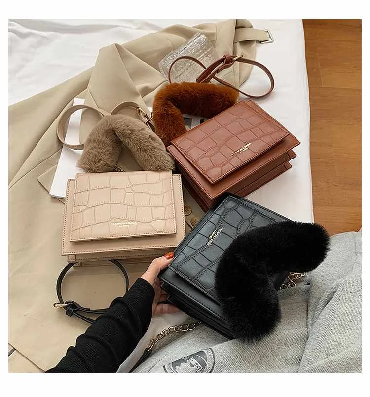 

winter popular women lady plush handbags cutest faux fur bags Stone grain purses