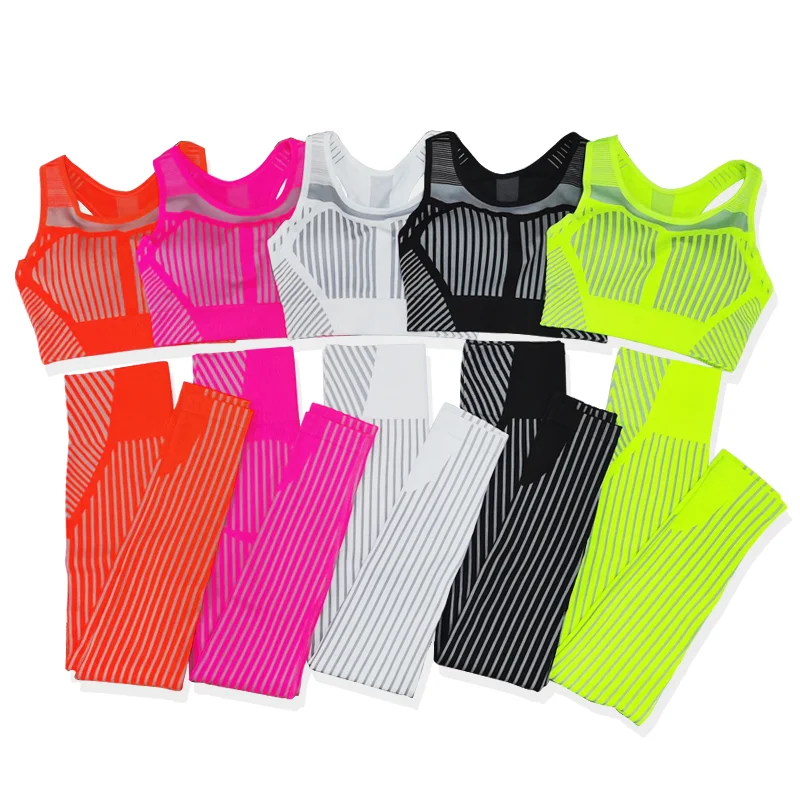 

Women Yoga Suits Striped Seamless Sports Bras Leggings Sportswear Sets Gym Wear Running Clothing Woman Tracksuit Workout