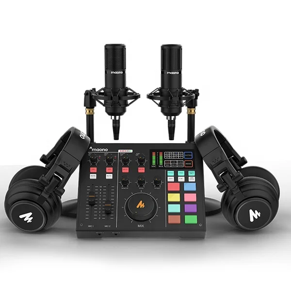 

MAONOCASTER AM100 All-In-One Podcast Production Studio Kit Podcast Equipment With Sound Card Condenser Mic and Monitor Headphon, Black