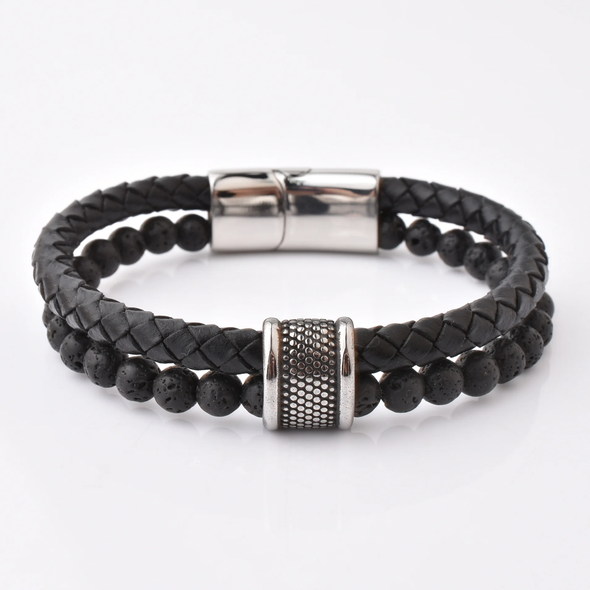 

New Arrived High Quality Lava Stone Bead Men's Black Braided Leather Stainless Steel Bead Bracelet