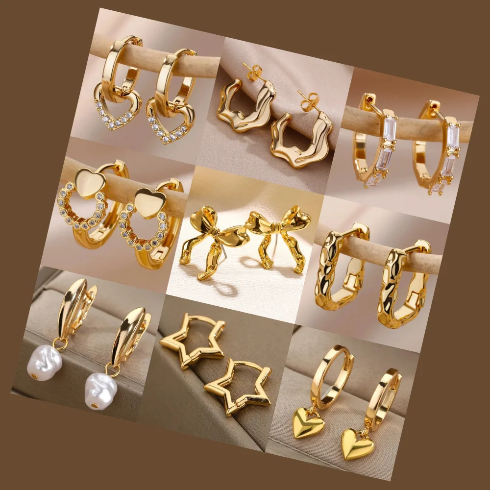 Jewelry Accessories Arete Mujer Stainless Steel Pendientes 18k Gold Plated Star Heart Bow Tie Pendant Hoop Earrings For Women