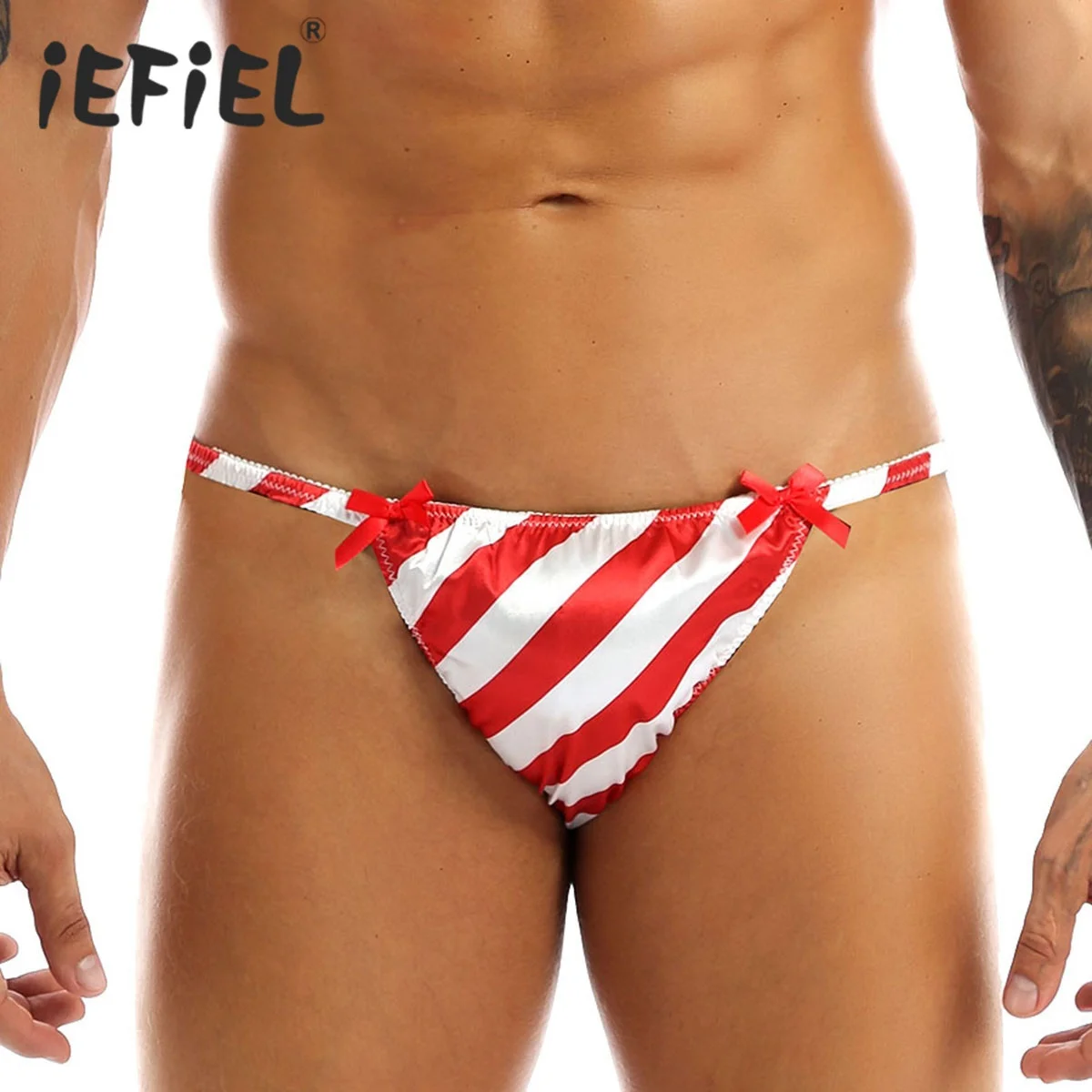 

M-XXL Men Shiny Satin Red White Striped Low Rise Christmas Sissy Panties Sting Underwear Sexy Mens Brief