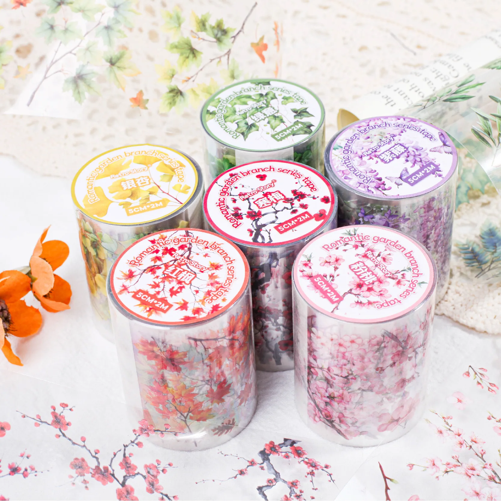 1 Roll of Water Activated PET Masking Tape Romantic Garden Branch Series Flower Handbook DIY Material Decorative Loop Decals 6