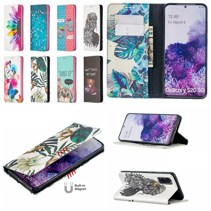 

Magnetic Closure Leather Wallet Case For Samsung S21 Ultra S20 FE Plus Note 20 A12 A32 Print Flower Butterfly Animal Suck Pouch, See the pic