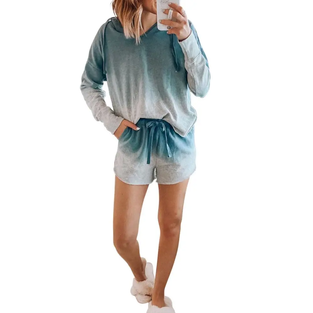 

Hot Romantic Sexy Sleepwear Adult Night Wear Polyester Long Sleeve Sleepwear Tie Dye Short Set Shirt Two Piece Set