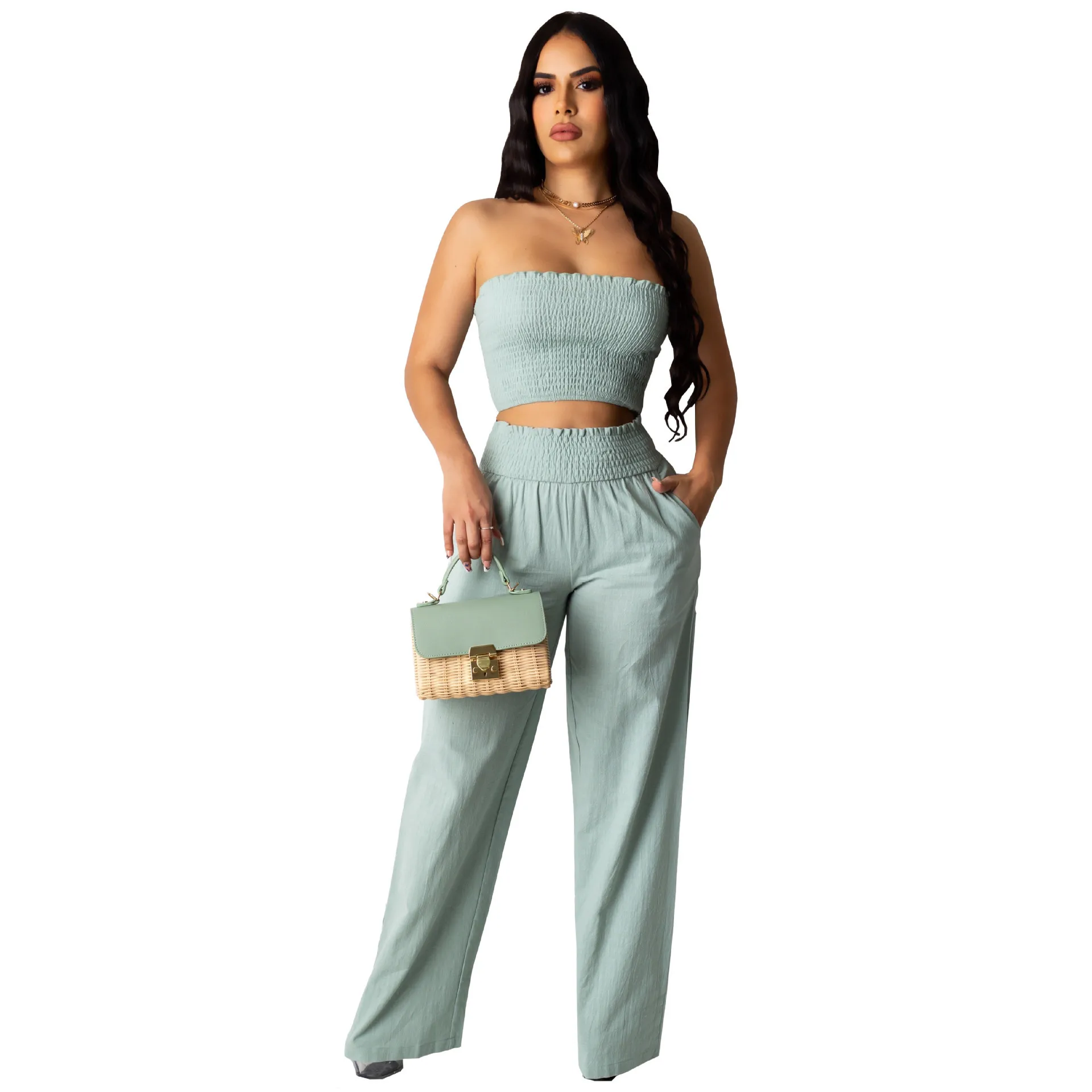 

Free Shipping Summer Casual Smocking Two Piece Set Strapless Crop Top And Pants 2 Piece Women Set Outfits