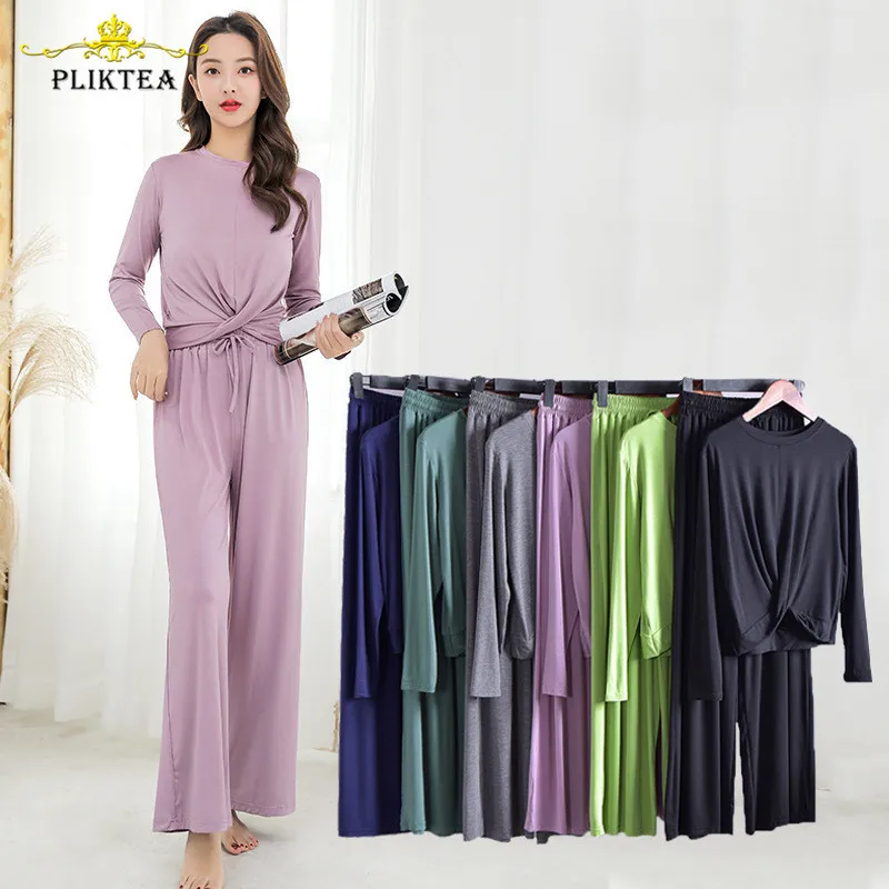 

2020 2 Piece Set Loose Long Sleeve Home Clothes for Women Home Wear Pants Homewear Plus Size Casual Women's Pajamas Atoff Home, Pink apricot black white purple