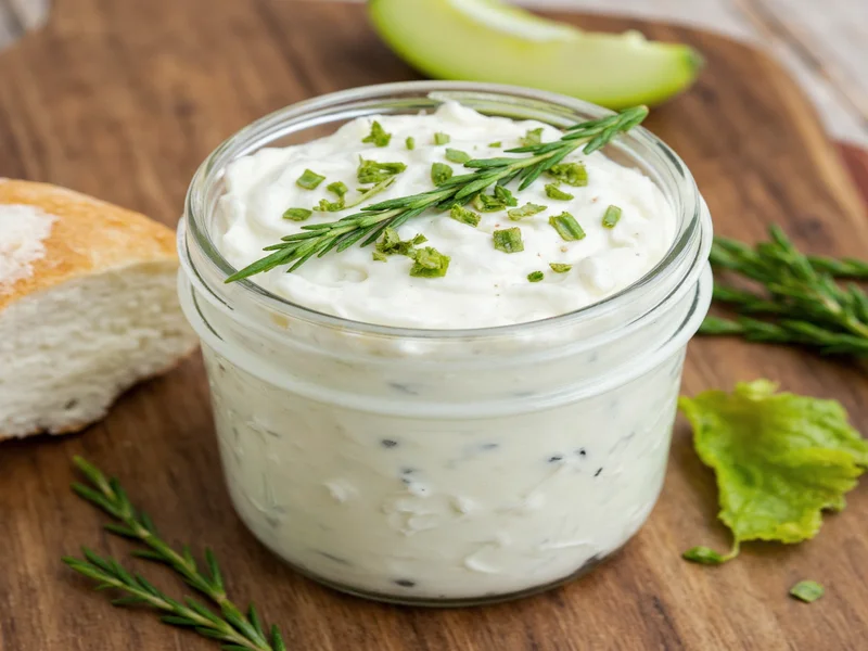 Homemade miracle whip in mason jar with fresh herbs