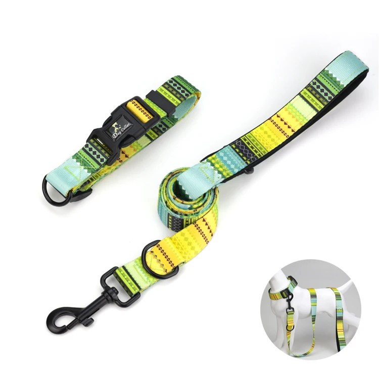 

Dropshipping Luxury Wholesale Private Label Print Large Strong Long Hook Fashion Dog Leash And Harness Set Collar, Picture shows