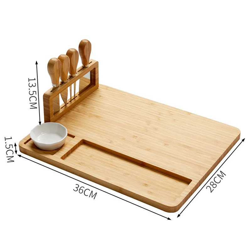 

Bamboo Cheese Board Set with Slate cheese Board and Tool Holder Includes 4 Cheese Knives, Natural