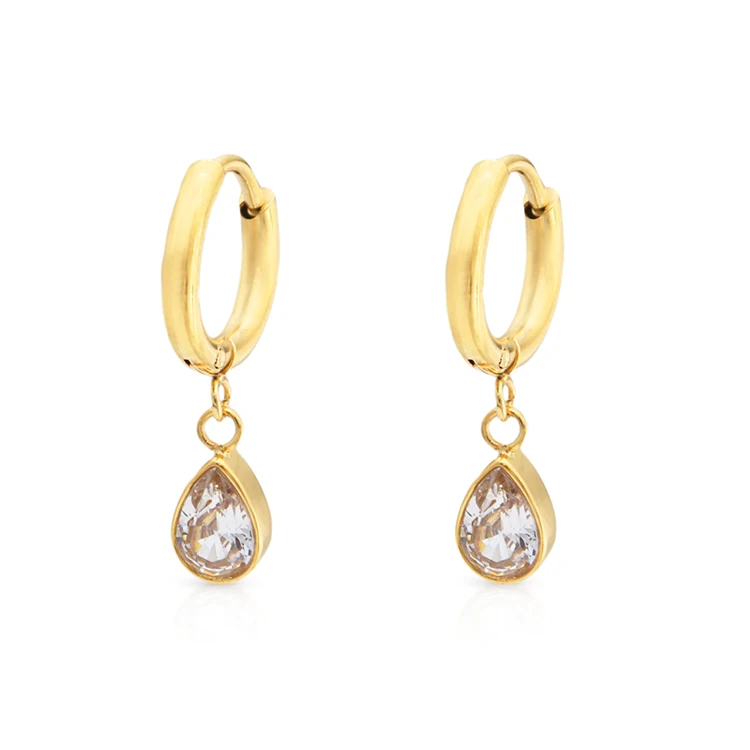 

Chris April PVD 18K gold plated dainty mini water drop zirconia charm huggie earrings stainless steel jewelry wholesale