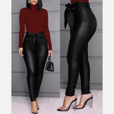

Autumn Female Solid Color Trousers Women PU Pants With Belt, 2colors