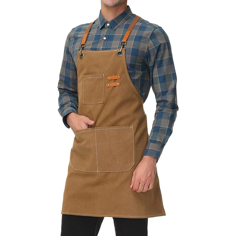 

2022 hot selling Chef Apron for Man Women with Pockets Canvas BBQ Grill Apron with Cross Back Adjustable Straps, 10 colors or custom