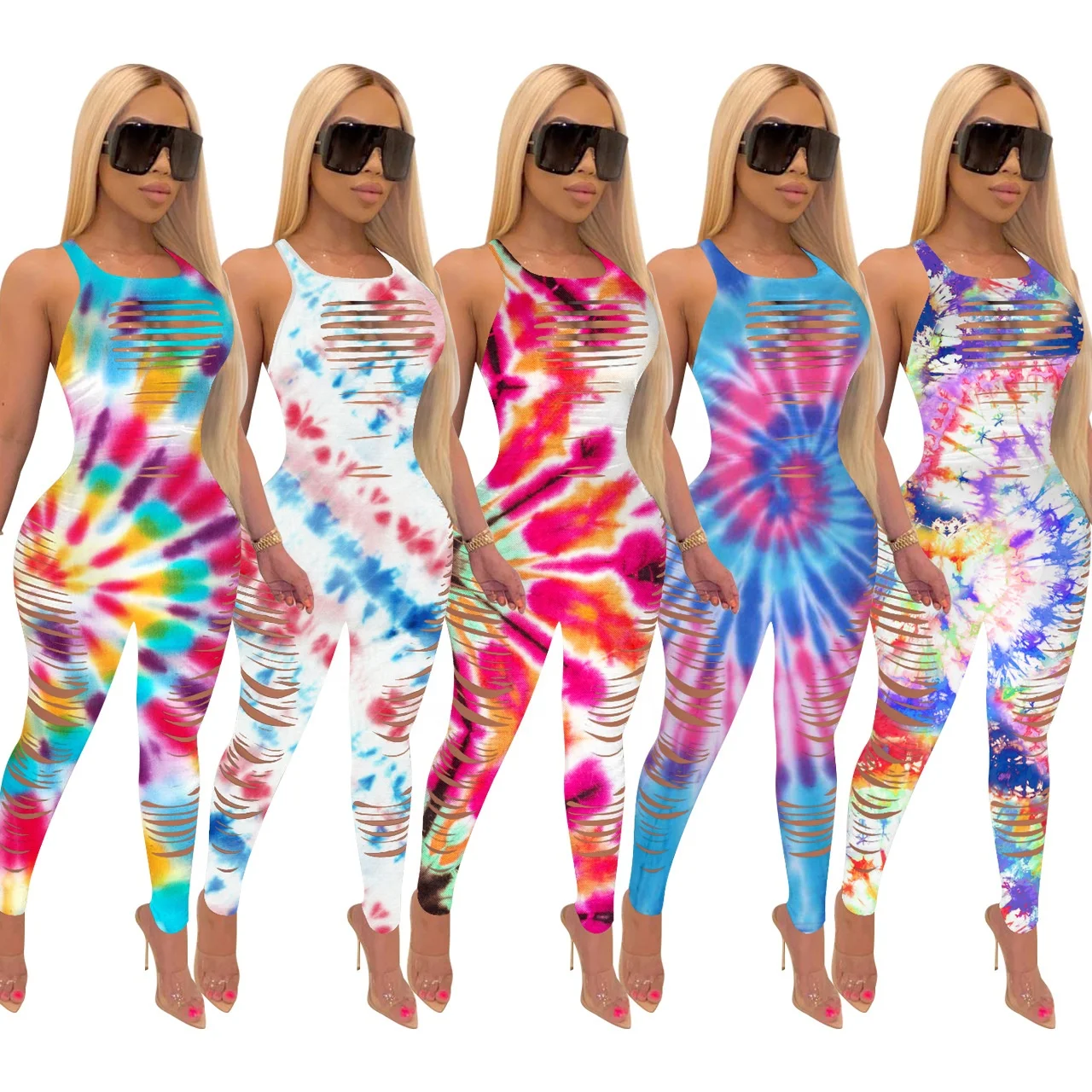 

B62878A American and American hot style foreign trade colorful sexy tight slim lady jumpsuit, White/blue/red/green/colorful