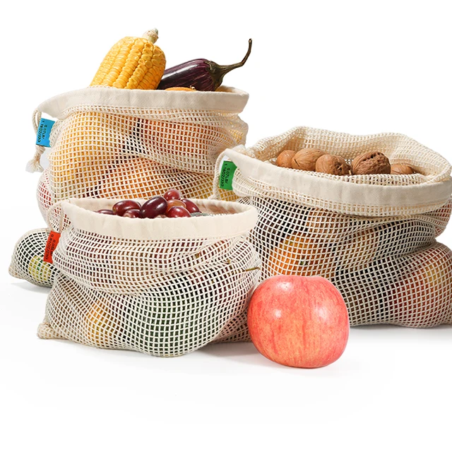 

Organic hemp cotton net mesh Recycled eco friendly reusable produce bags for fruit vegetable, Beige color or customized color