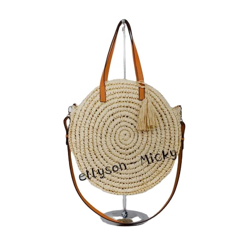 

Summer vacation leisure round eco-friendly paper rope braided one-shoulder cross-back women hand bags, Customized color