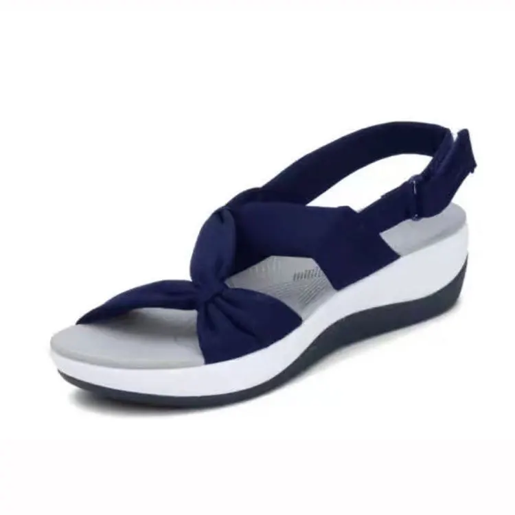 

Factory Outlet Ladies Sandals Solid Color Open Toe Bow Ankle Strap Ladies Wedge Sandals