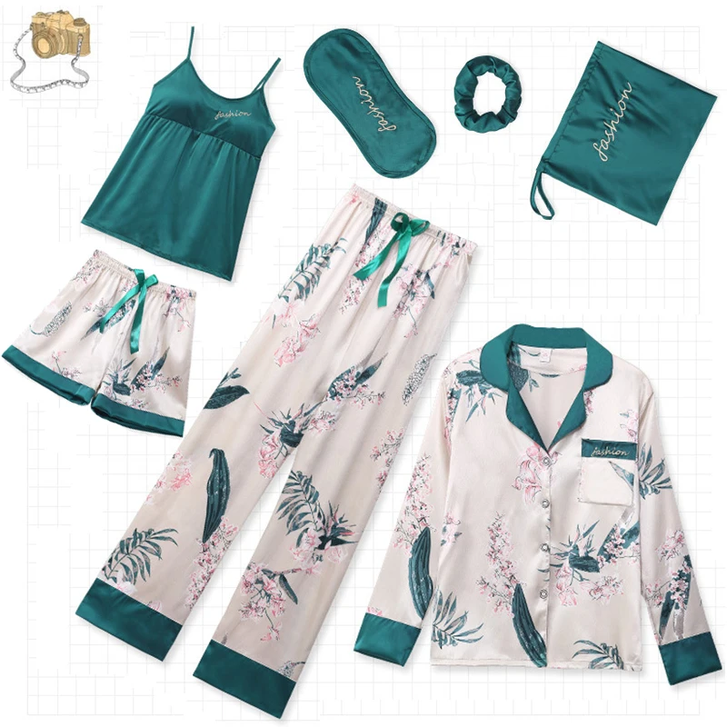 TuKIIE Free Shipping 7 Pcs/lot Women Silk Satin Printing Long Sleeve Loungewear Women Sleepwear Homewear PJ Pajamas Sets