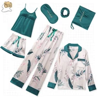 

TuKIIE Free Shipping 7 Pcs/lot Women Silk Satin Printing Long Sleeve Loungewear Women Sleepwear Homewear PJ Pajamas Sets