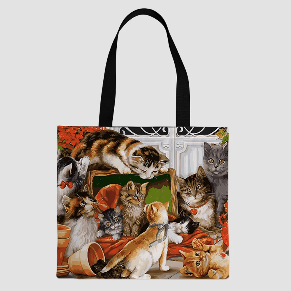 

New Design customized print on demand Oil painting cat foldable grocery eco friendly shopping tote bag