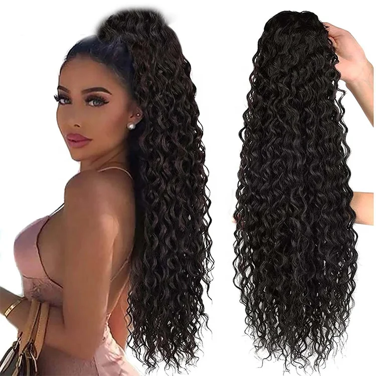 

LK European and American Black Long Deep Wave Wrap Around Ponytail Blonde Synthetic Wig Clip Hair Extension Ladies Ponytail