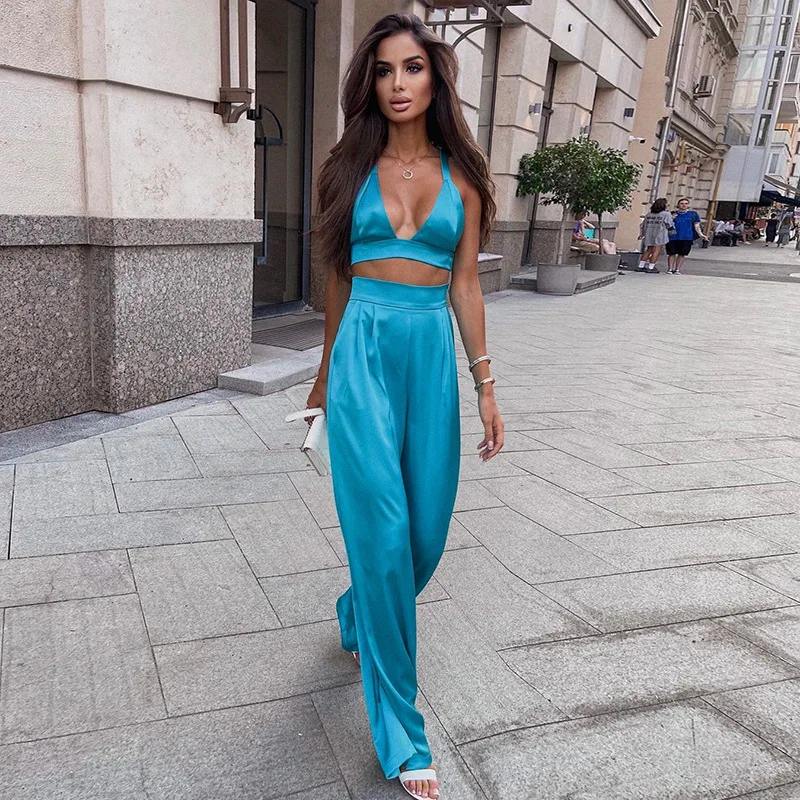 

Fashion Women's Lace-up Halter High Waist Pants Casual Matching Woman Clothing 2 Pieces Set