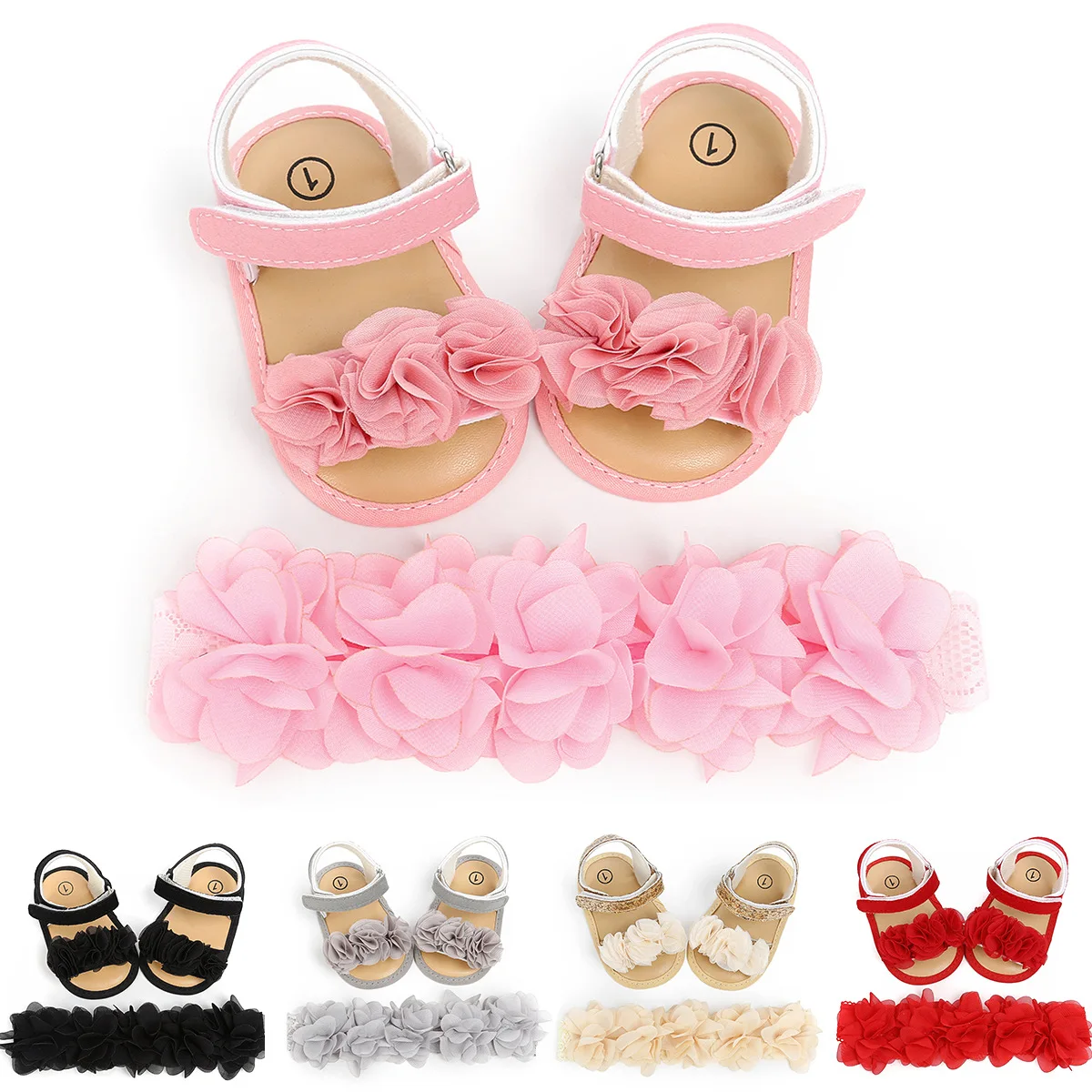 

Barefoot summer newborn infant shoes toddler flowers prewalker headband kids PU soft sole first walker baby girls sandals