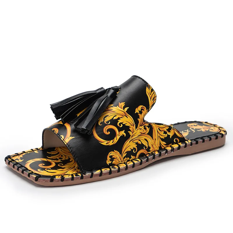 

China wholesale 2020 European and American style printed one-line slippers flat fancy female slippers women sandles, Customized color