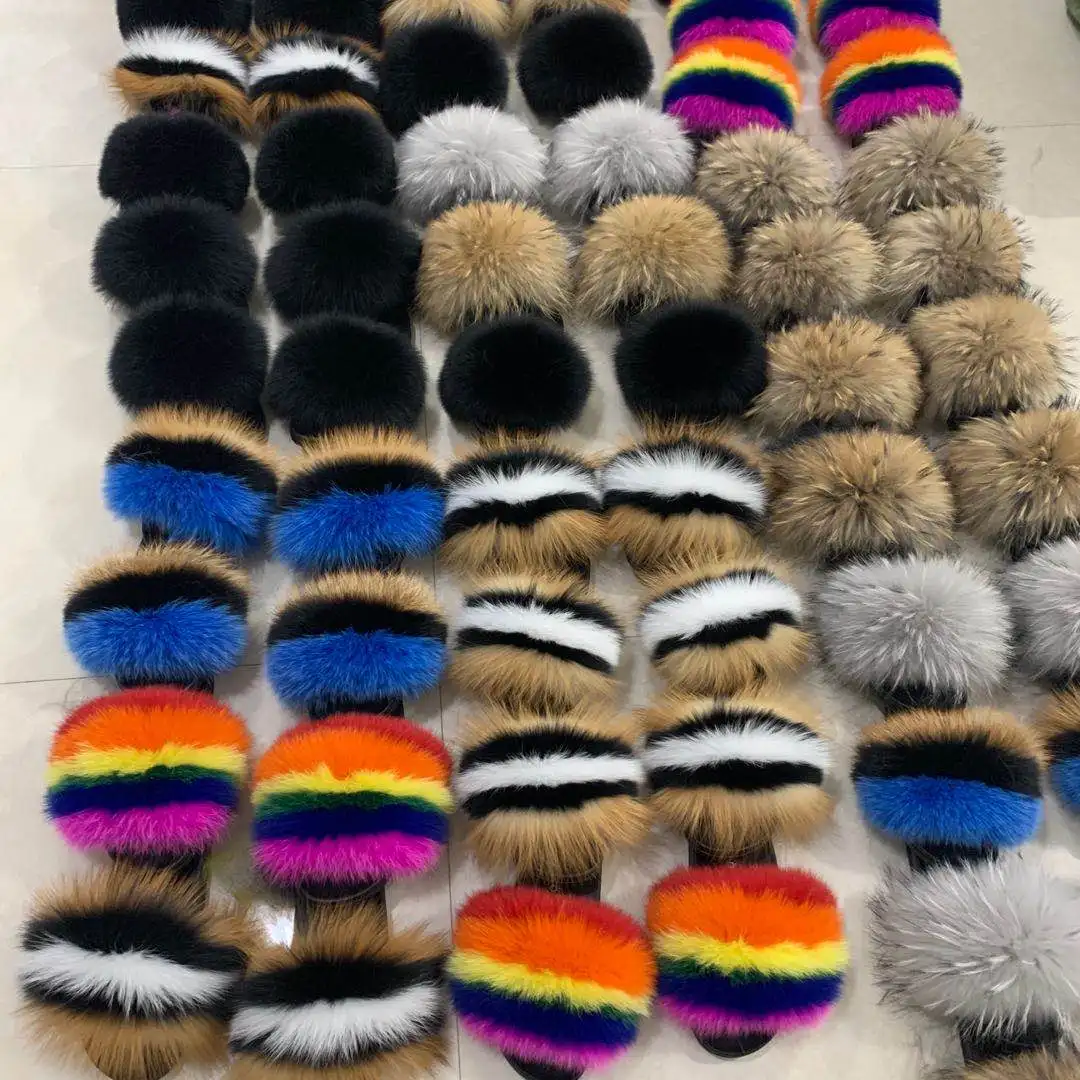 

2019 new styles raccoon fox fur slippers slides for women, Customized color