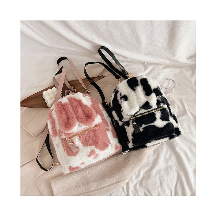 

Rabbit-Ear Cow Pattern Plush Backpack Simple Winter Fur School Bag 2020 Girls Large Capacity Shoulder Bags Fashion Travel Pack