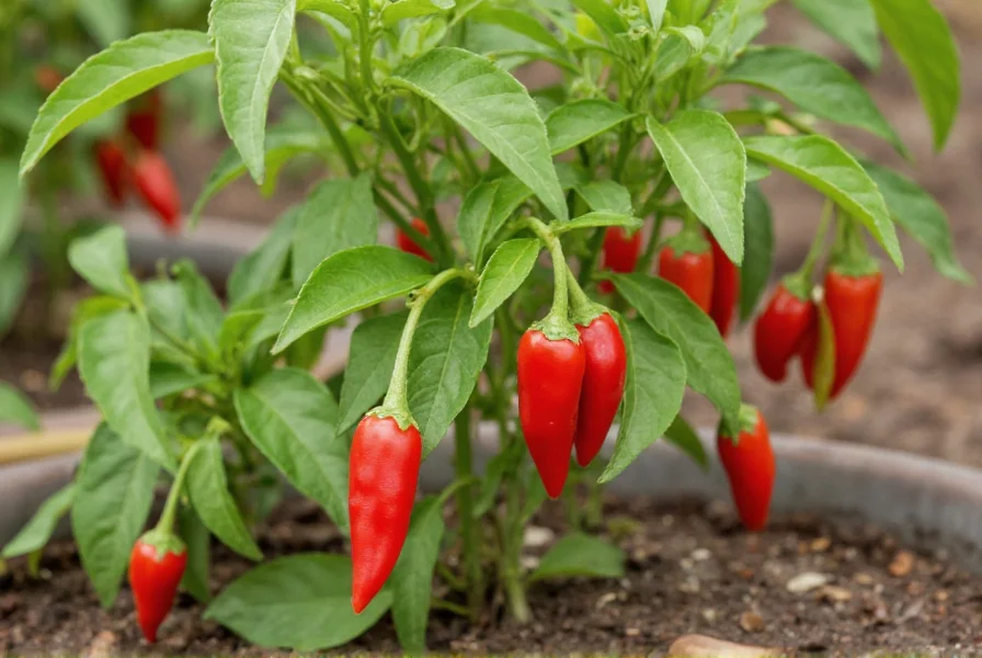 Healthy red chili pepper plant growing in garden soil with vibrant red peppers and green leaves