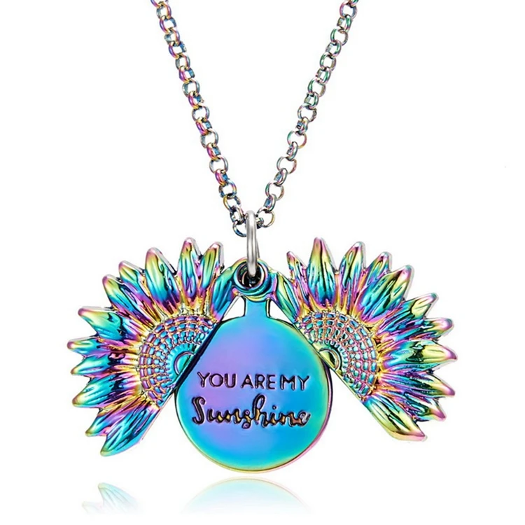 

Personalized Lovers Gift Rainbow Color Engraved Locket Pendant Girls You Are My Sunshine Sunflower Necklace Jewelry For Women, As photo