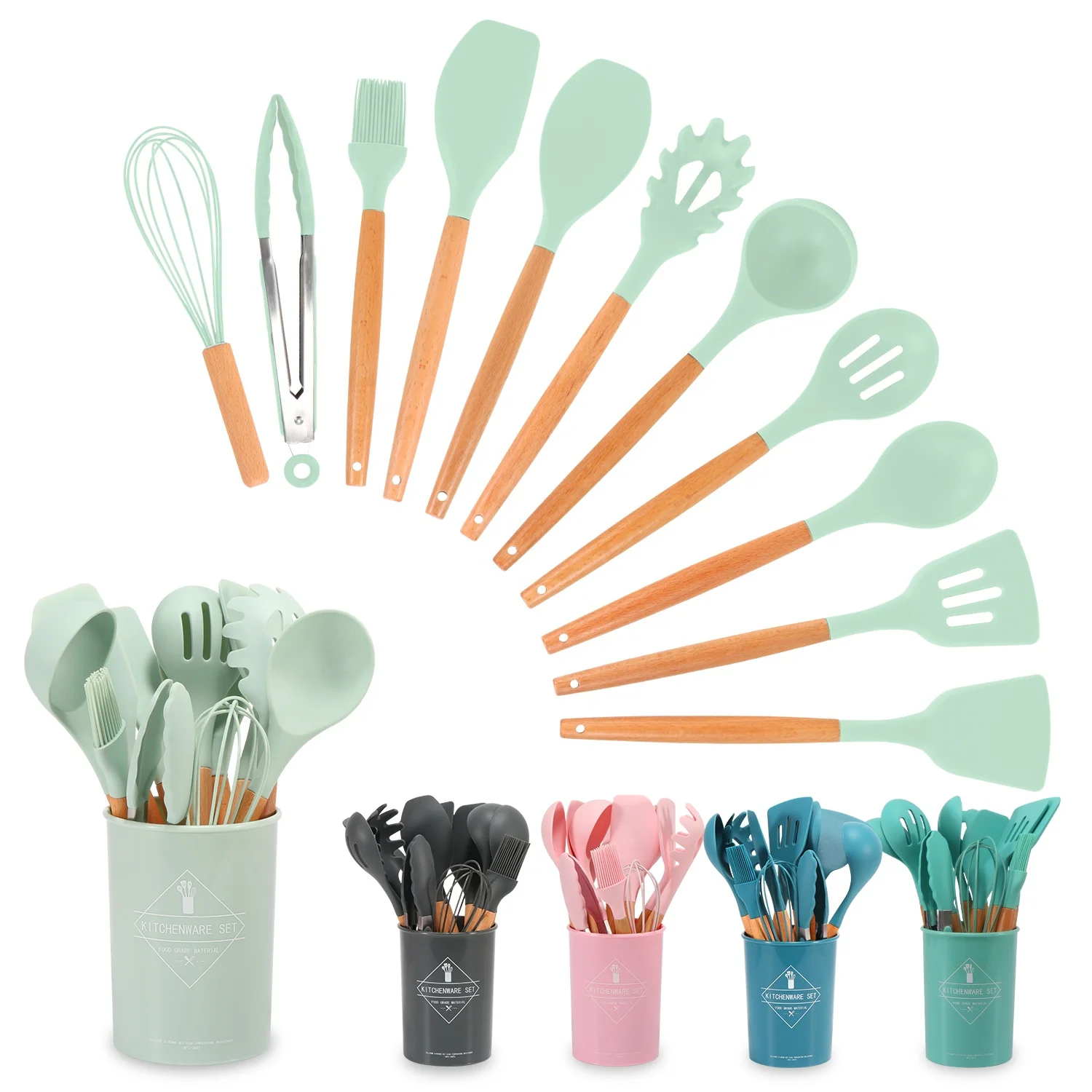 

12 PCS wooden handle silicone kitchen utensisl set Nonstick high temperature resistant silicone spatula spoon kitchen utensils, Green/gray/pink/black/blue/dark green/purple/red