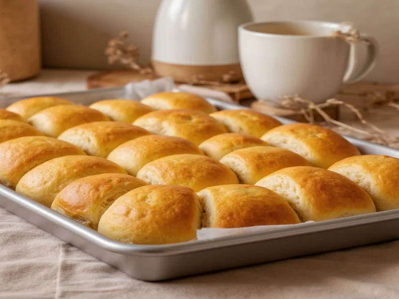 Golden homemade rolls on baking sheet with soft interior