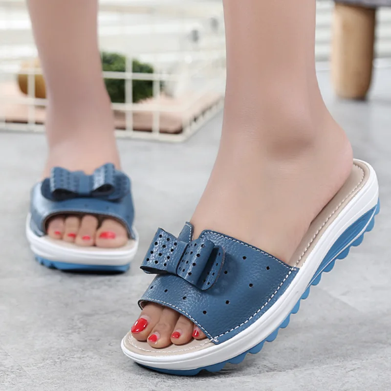 

US Size 5-11 Knot Leather Breathable Platform Wedges Slippers