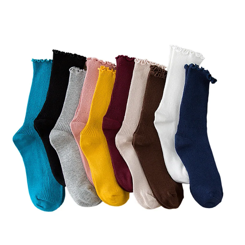 

Wholesale Crew Cotton Girls Ruffle Socks Solid Color Women Slouch Socks Super Soft Crew Socks