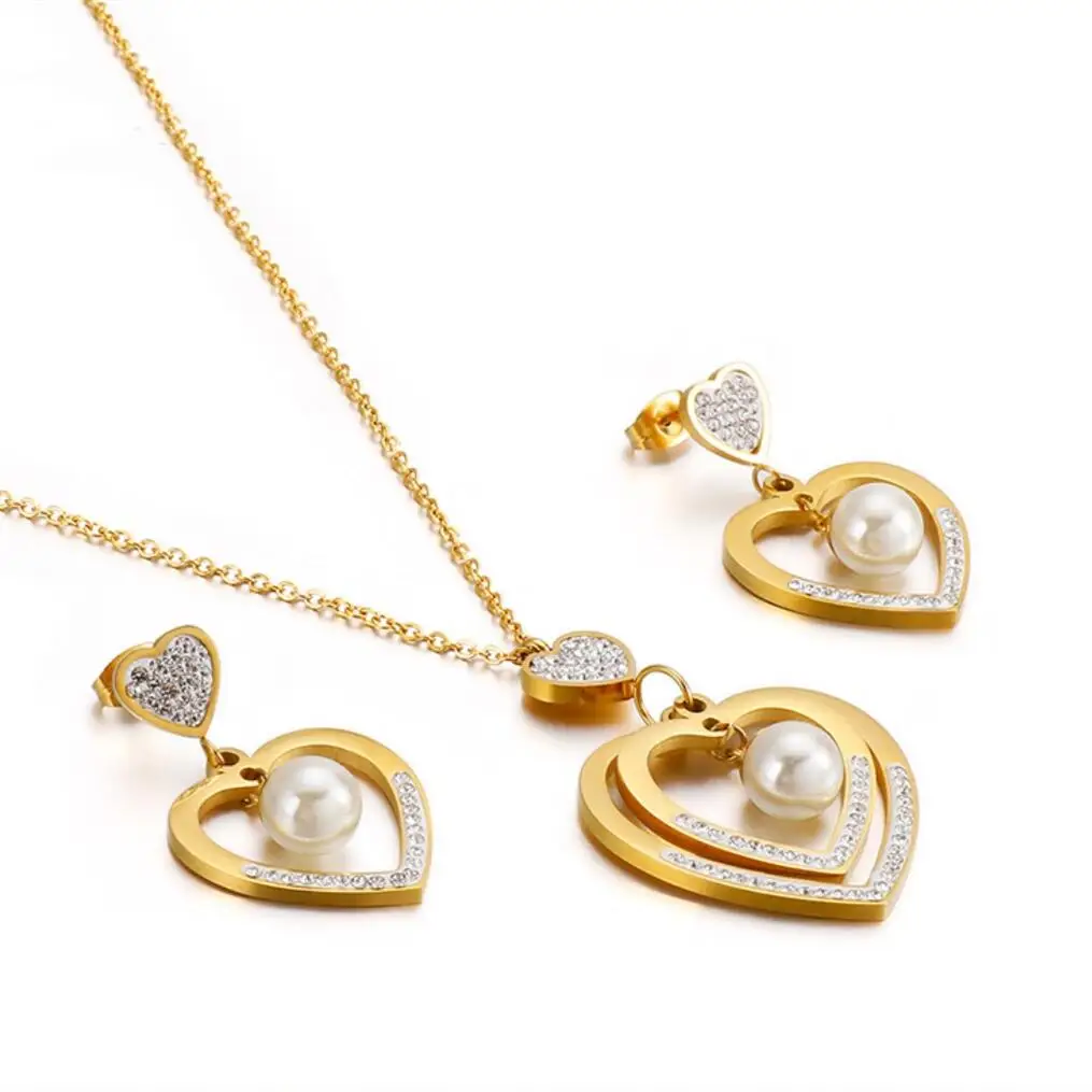 

Bridal Wedding CZ Pearl Heart Necklace And Earrings Gold Plated women stainless steel jewelry Sets