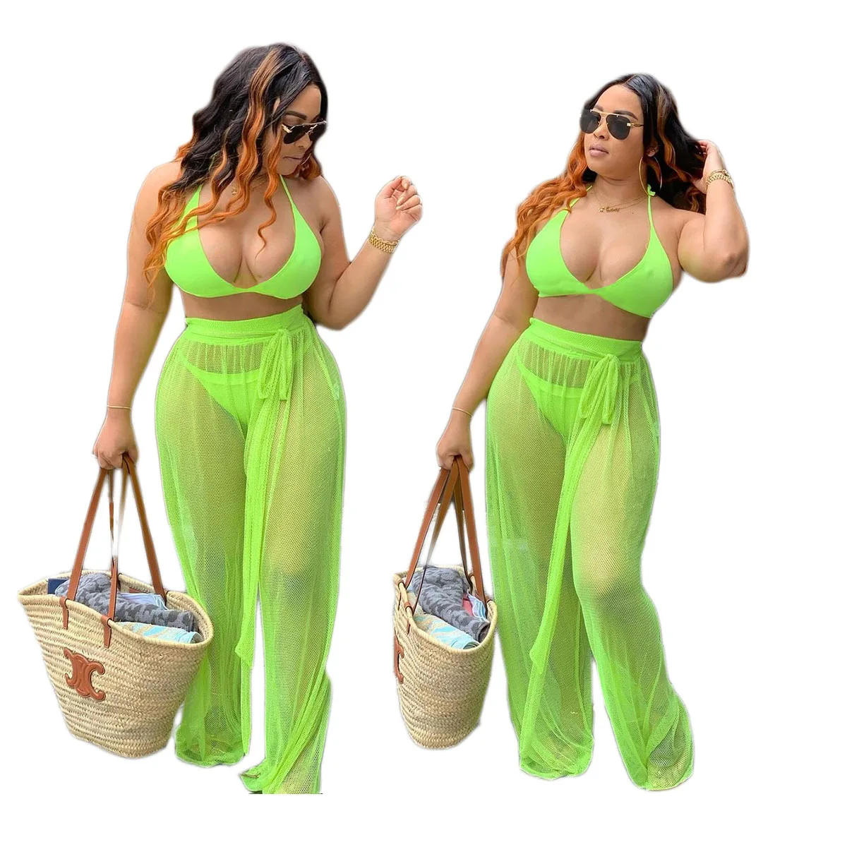 

New Trending Bra Brief Sets Halter Bra Sexy Beach Wear Mesh Three Piece Sets Sexy Lingerie Mesh Loose Pants Women Swim Wear, 1 colors