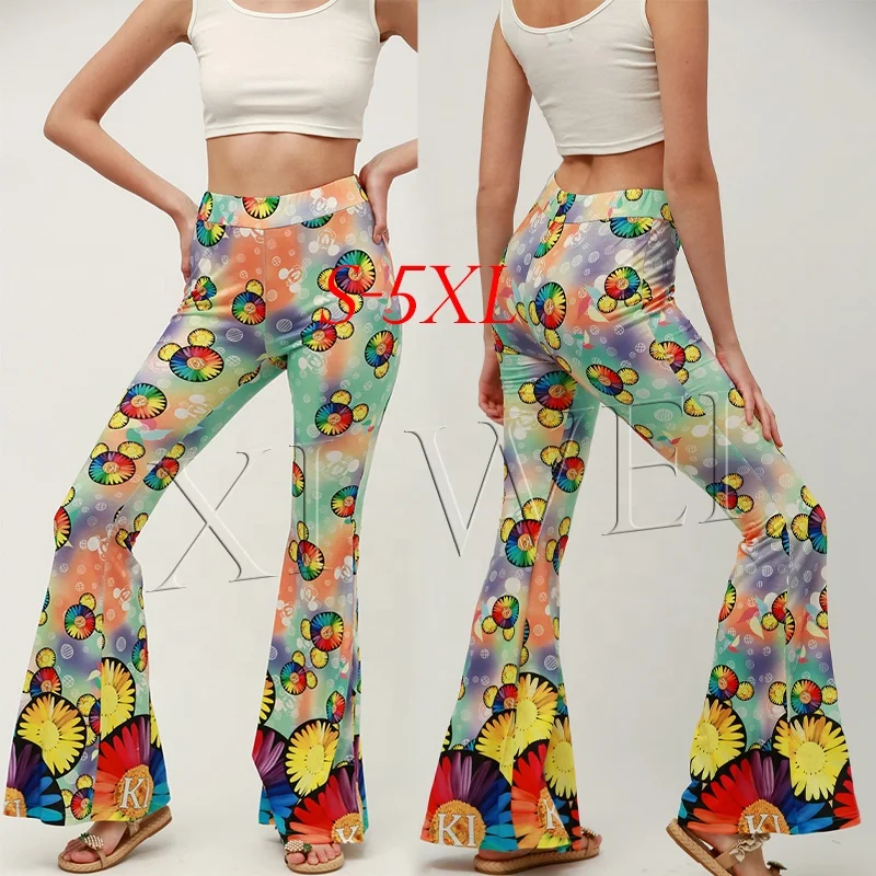 

Women Spring Summer Flare Trousers High Waist Casual Lady Bell-bottoms Custom Lady Club Printed Flare Pants