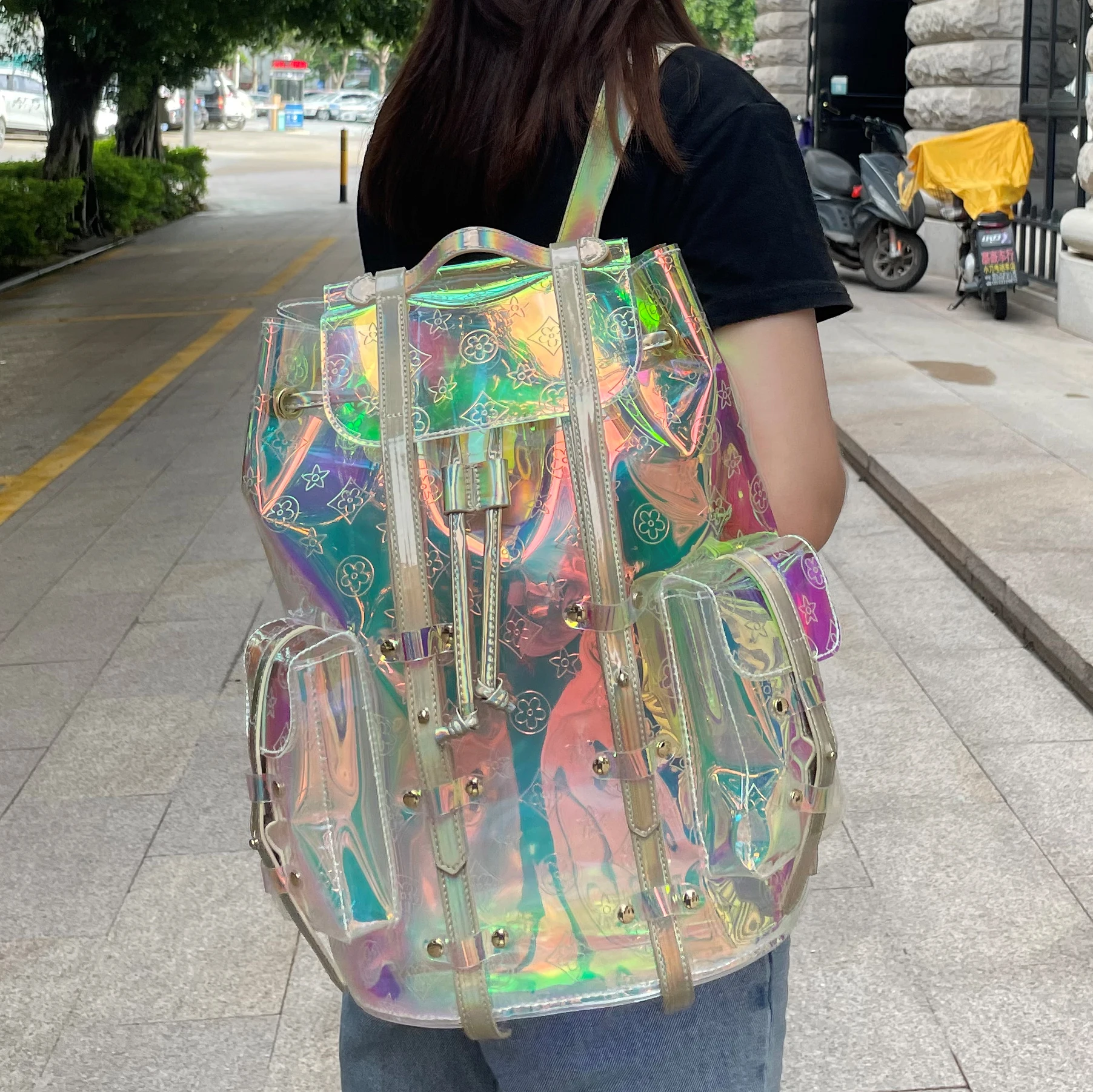 

Yzora 2021 fashion travel custom designer famous girls women holographic drawstring transparent clear backpack bag, Laser holographic
