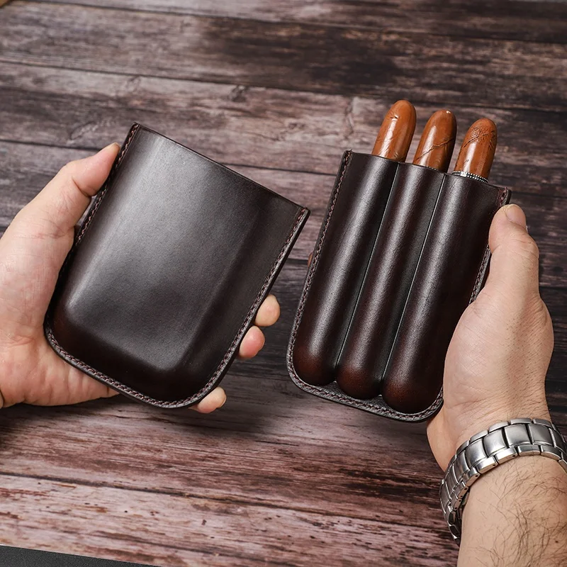 

CONTACT'S FAMILY Vintage Oil Cow Leather Cigar Case Holster 1/2/3 Tubes Holder Mini Humidor Box Travel Storage Cigar Accessories, Coffee