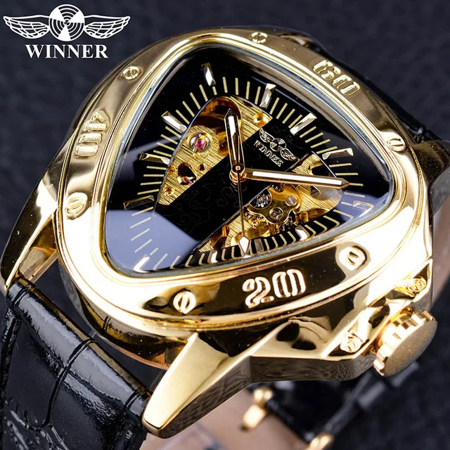 

WINNER Watches Men Wrist Luxury Triangle Skeleton Genuine Leather Wristwatches Automatic Mechanical Mens Watch Relogio Masculino, 7-color