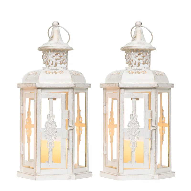 

RTS US Stocks Set of 2 Decorative White Metal Glass Wedding Candle Lanterns Vintage Moroccan Style Hanging Lantern Candle Holder