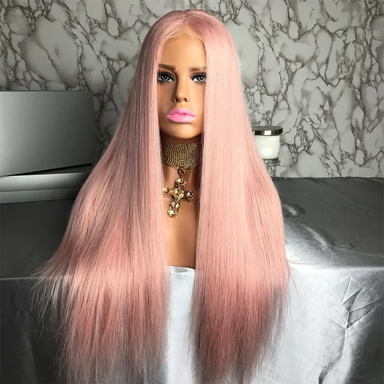 

100% human Virgin Hair Long Straight Pink full lace Wig For Black Women with natural hairline and baby hair