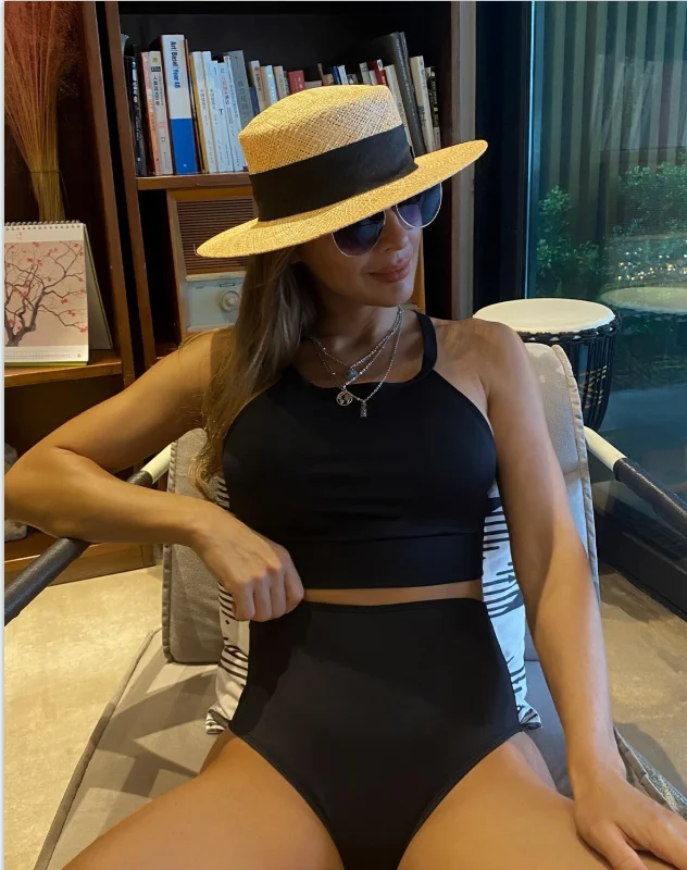 

China Factory Custom Wholesale New Black Sexy Two Piece Bikini Set Beach wear High Waist Swimsuit Women High Neck Swimwear