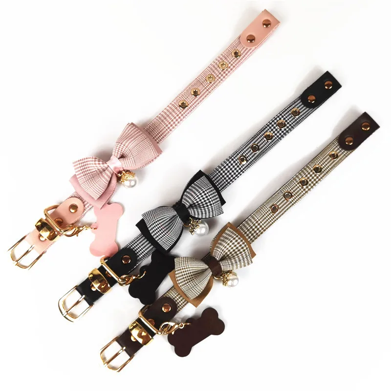 

Pet Products ins Plaid Detachable Personalized Luxury PU Leather Puppy Dog Bow Collar Lead Leash Set, Picture shows