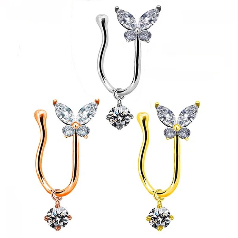 

Gaby new design butterfly indian nose ring nose cuffs dangle with round cz non piercing nose cuff wholesale body jewelry, Silver /gold/rosegold color