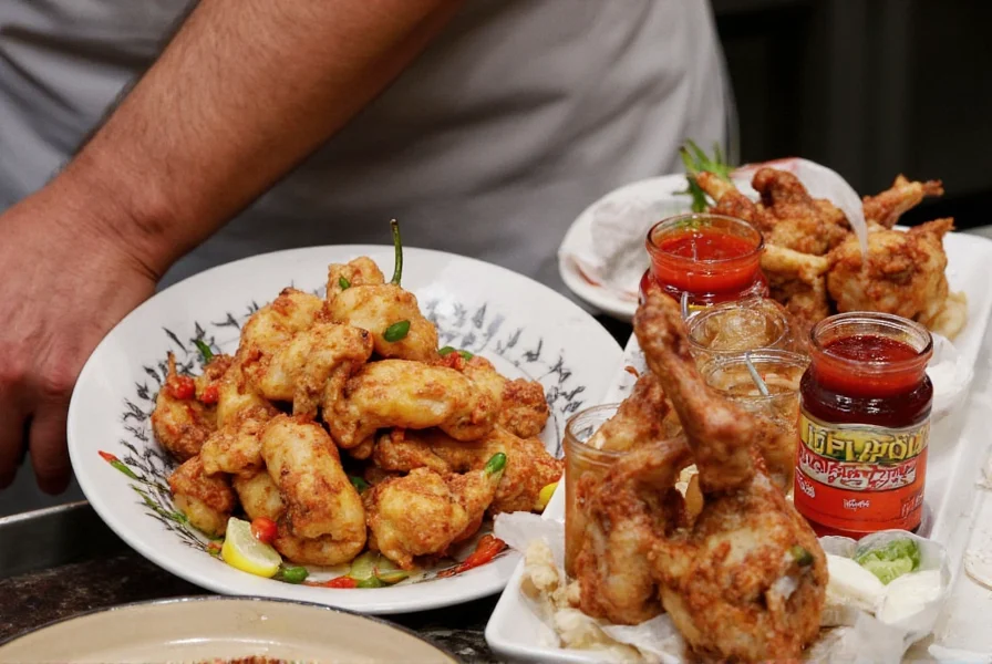 Chef preparing Nashville hot chicken with various pepper varieties and house-made hot sauces displayed