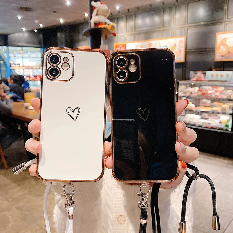 

Cross Body Strap Gold Plating Love Heart Phone Cover Soft TPU Case for iPhone 11 Pro Max 12 XS