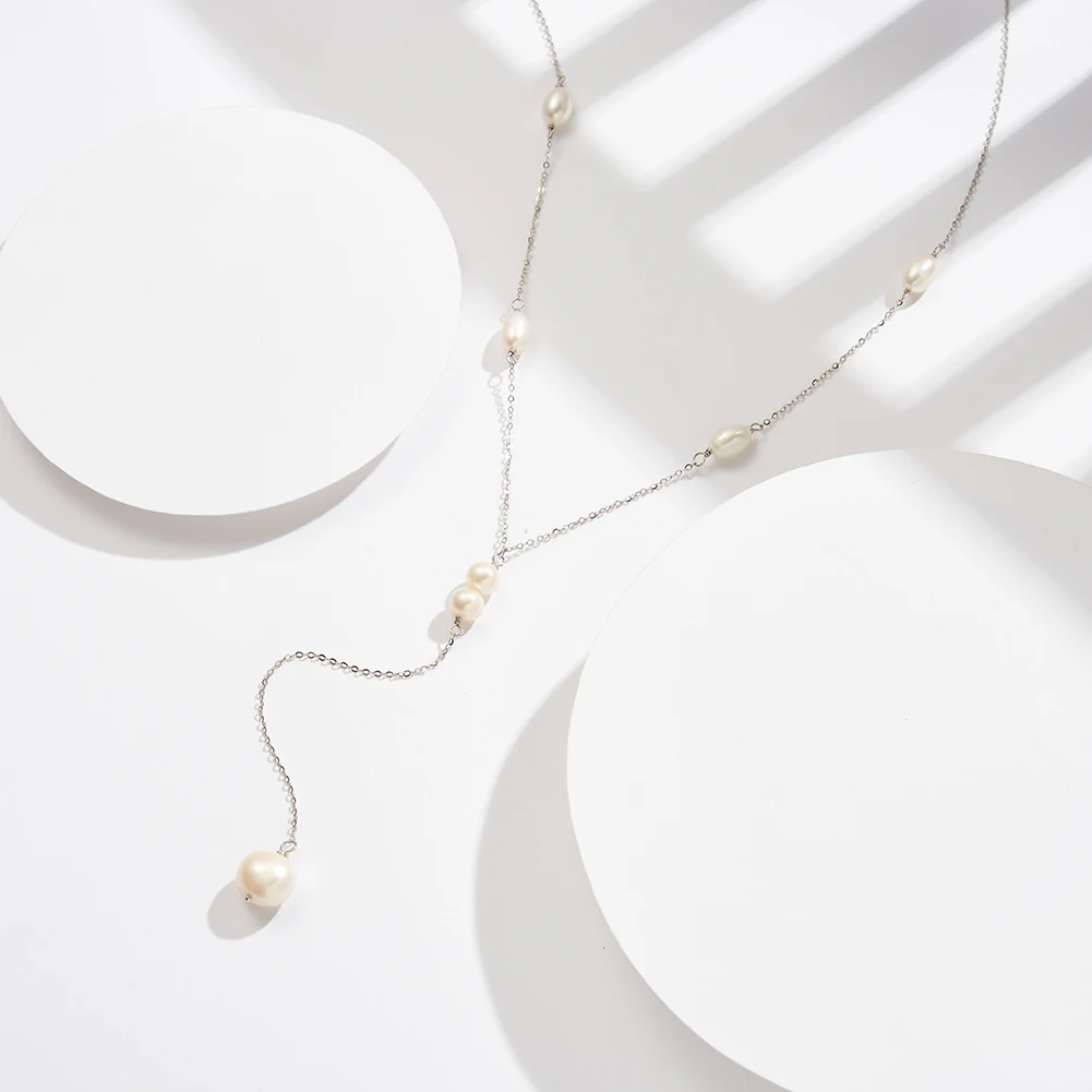 BQN17 RINNTIN Trendy 925 Sterling Silver Lariat Y Shaped Cultured Freshwater Pearl Necklaces Fine Jewelry for Women Girls Gift